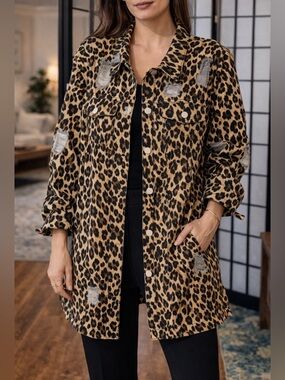 NWT Masseys Leopard Print Distressed‎ Jacket 2X Long Button Front Statement Coat